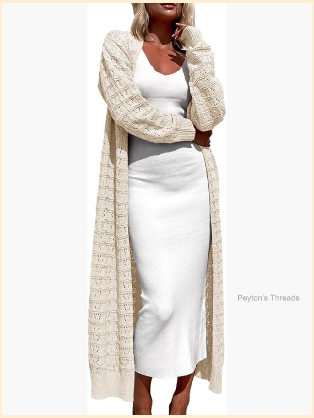 Crochet Maxi Cardigan Sweater Open Front Knit Long Sleeve Lightweight Duster